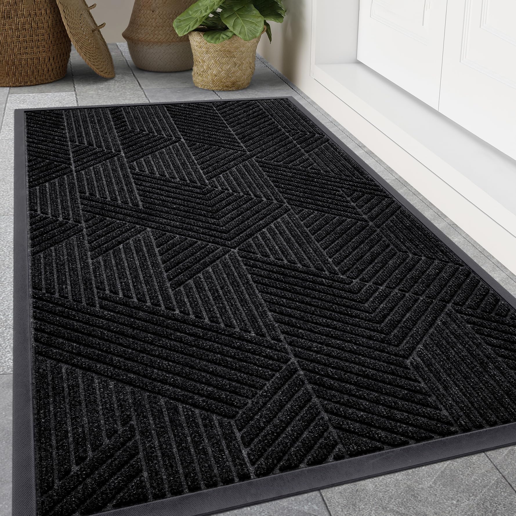 Smiry Front Door Mat Outside Entrance, Heavy Duty Sturdy Natural Rubber Doormat, Trap Dirt And Moisture, Easy Clean Low Profile Welcome Floor Mats For Indoor Outdoor Entry, 47X32 Inch, Black